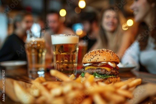 Group of young happy people talking while gathering in a bar. Focus is on eating French fries and Burger