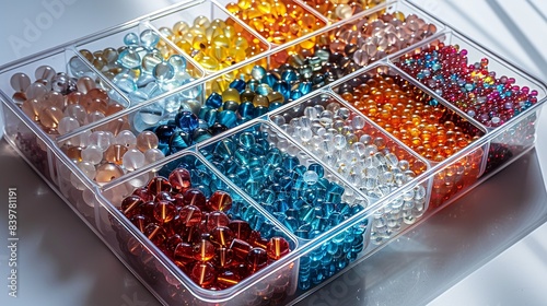 A rectangular plastic box with a snap-on lid, containing assorted beads for crafting, displayed on a white background. shiny, Minimal and Simple, photo