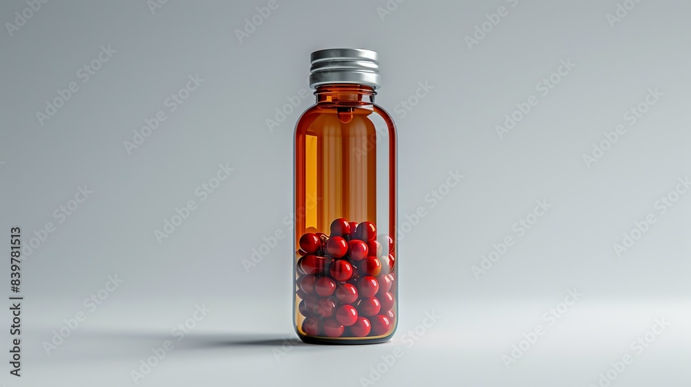 A bottle with a child-proof cap, filled with prescription pills, standing on a white background. shiny, Minimal and Simple,