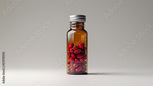 A bottle with a child-proof cap, filled with prescription pills, standing on a white background. shiny, Minimal and Simple, photo