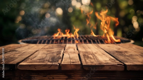A close-up image of a wooden tabletop with a blurred background of a burning charcoal grill. photo