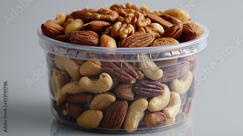 A plastic jar with an airtight seal, containing mixed nuts, photographed on a white background. shiny, Minimal and Simple, photo