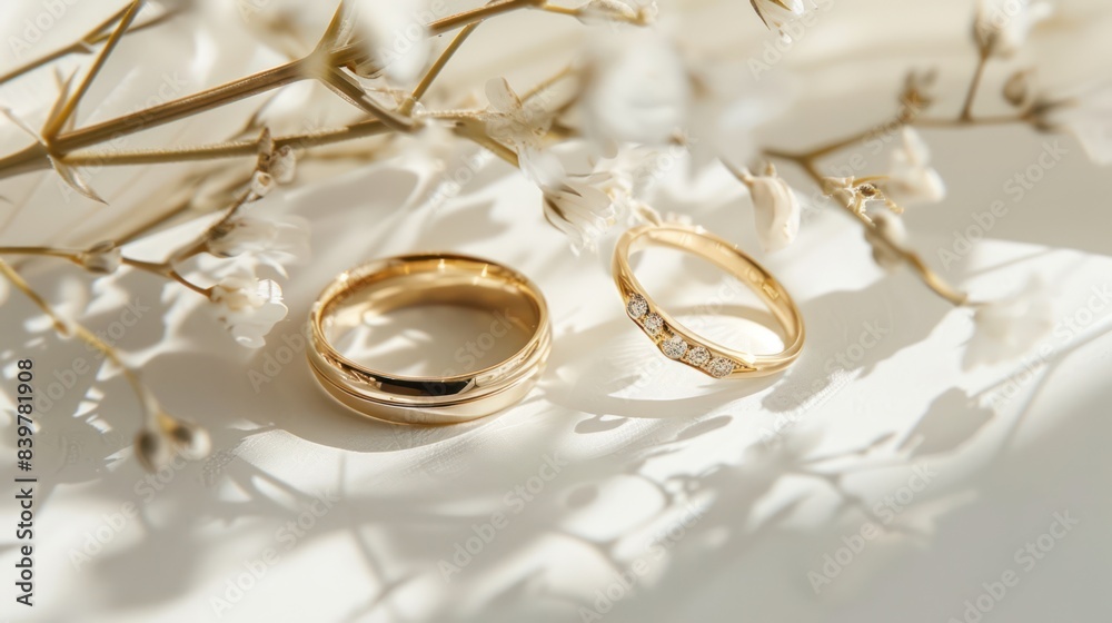 Couple engagement rings, a pair of luxurious gold wedding rings. Women's gold jewelry. Couple engagement rings, a pair of luxurious gold wedding rings. Women's gold jewelry.