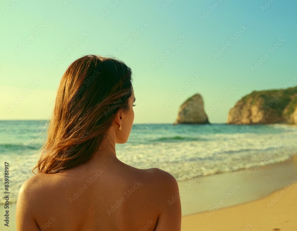 A woman on the beach looks at the sunset over the ocean, creating an atmosphere of calm and tranquility in gold and orange shades, Summer composition of the sea, relaxation A woman on the beach looks at the sunset over the ocean, creating an atmosphere of calm and tranquility in gold and orange shades, Summer composition of the sea, relaxation