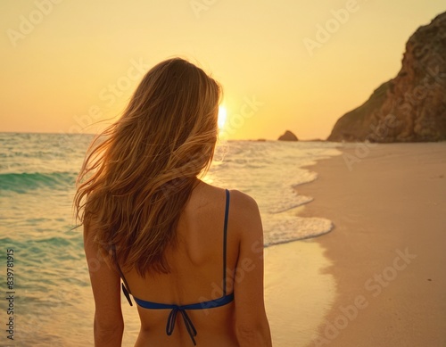 A woman on the beach looks at the sunset over the ocean, creating an atmosphere of calm and tranquility in gold and orange shades, Summer composition of the sea, relaxation photo