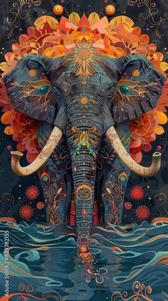 Fototapeta premium Elephant bathing flat design top view river water color Triadic Color Scheme
