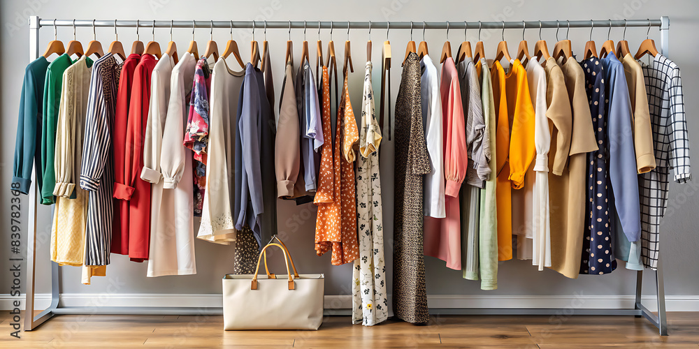 various chic women's clothes, hanging rack
various chic women's clothes, hanging rack