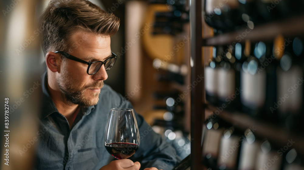 A man wearing glasses and a blue shirt smells a glass of red wine in a wine cellar.