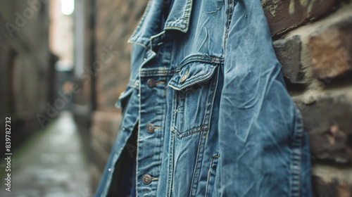 close up of a denim jacket hanging from a wall outside in an ally of a street photo