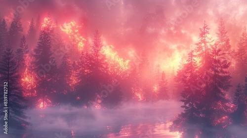 3D anime-style forest fire scene, smooth white gradient background, minimalist design, studio lighting, copy space