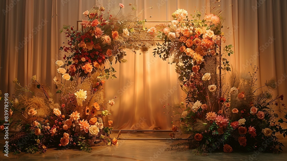 The front of the arch with flowers in a monochromatic color scheme, providing a stylish and cohesive look, under soft studio lighting. shiny, Minimal and Simple, The front of the arch with flowers in a monochromatic color scheme, providing a stylish and cohesive look, under soft studio lighting. shiny, Minimal and Simple,