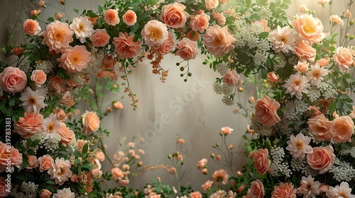 The archway decorated with seasonal flowers, each representing a different time of the year, photographed in a studio with subtle seasonal props. shiny, Minimal and Simple,