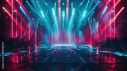 Background of empty show scene. Empty dark modern abstract neon background. Glow of neon lights on an empty stage  diodes  rays and lines. Lights of the night city