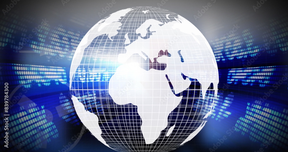 Image of globe turning on stock market data background