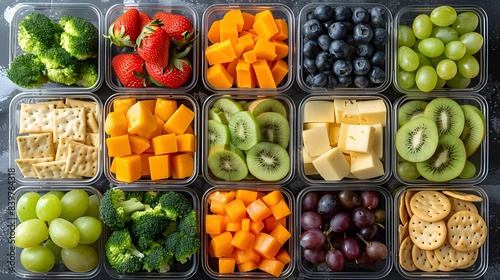 Adorable and nutritious snack boxes filled with bite-sized portions of fruits  veggies  cheese  and crackers  perfect for on-the-go munching   Generative AI