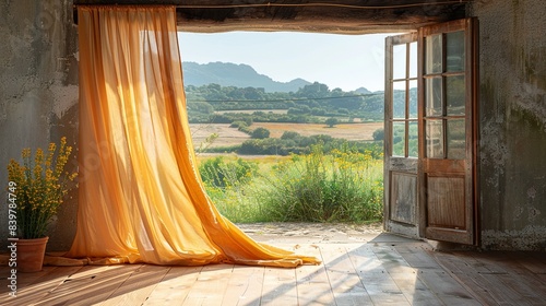 The interplay of light and shadow on a piece of fabric waving in the wind  with a rustic wooden door and natural landscape beyond. shiny  Minimal and Simple 