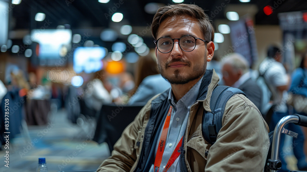 Male entrepreneur sitting on wheelchair and discussing with delegates at convention center generative ai Male entrepreneur sitting on wheelchair and discussing with delegates at convention center generative ai