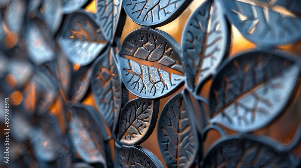 A close-up of the intricate leaf patterns on the gate, showing the detailed veins and textures that make each leaf look lifelike and add depth to the overall design. shiny, Minimal and Simple,