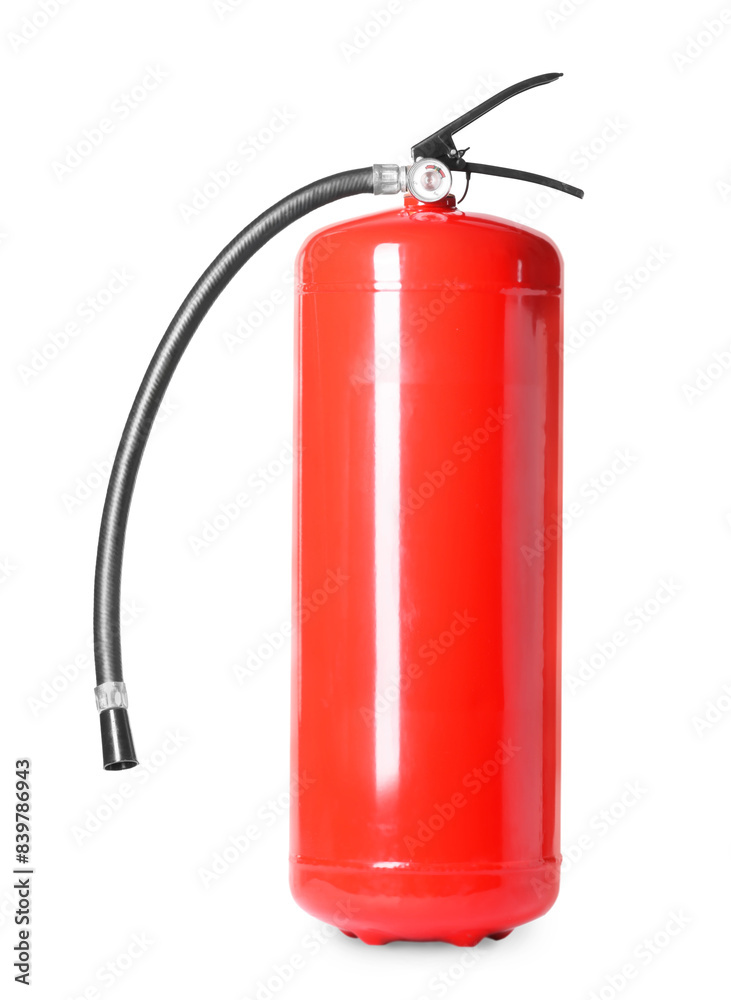 One red fire extinguisher on white background One red fire extinguisher on white background