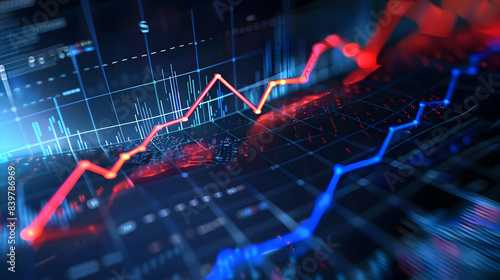 Close-up view of a glowing stock market graph showing economic trends with red and blue lines, representing growth and decline in investment.