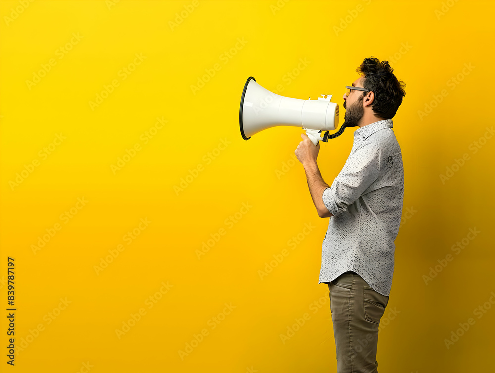 Man using a megaphone on a yellow background. Concept of communication, announcement, and advertisement in a bright, modern setting.