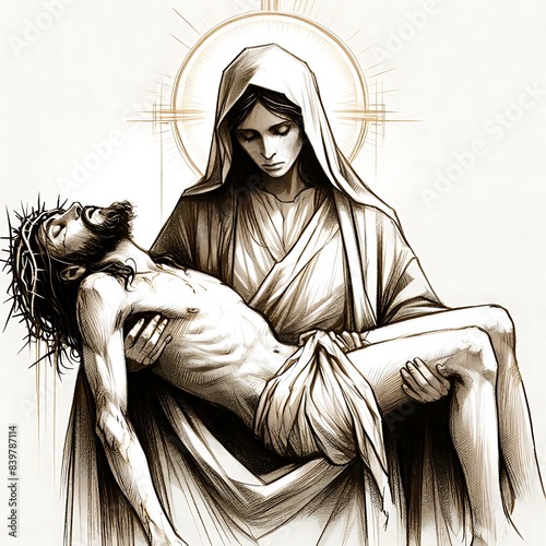 Jesus, taken down from the cross, is given to his mother Mary. Sixth Sorrow. Sketch of Mary holding Jesus, vector illustration
