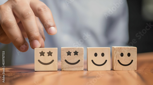 Hand arranging wooden blocks with smiley faces representing customer satisfaction and feedback on a wooden table.