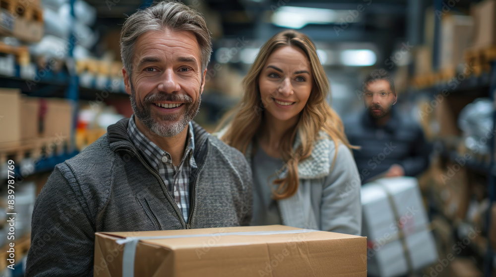 Business colleagues helping each other carrying package at office,generative ai Business colleagues helping each other carrying package at office,generative ai