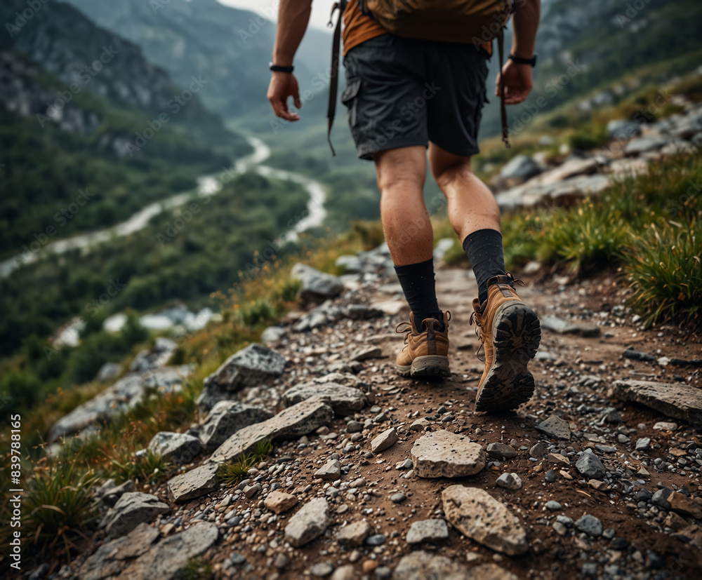 Hiking in mountainous terrain.
