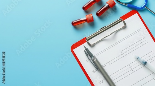 blue background, medical test report on clipboard with red vials of defned human distinct liquid and pen next to it, top view