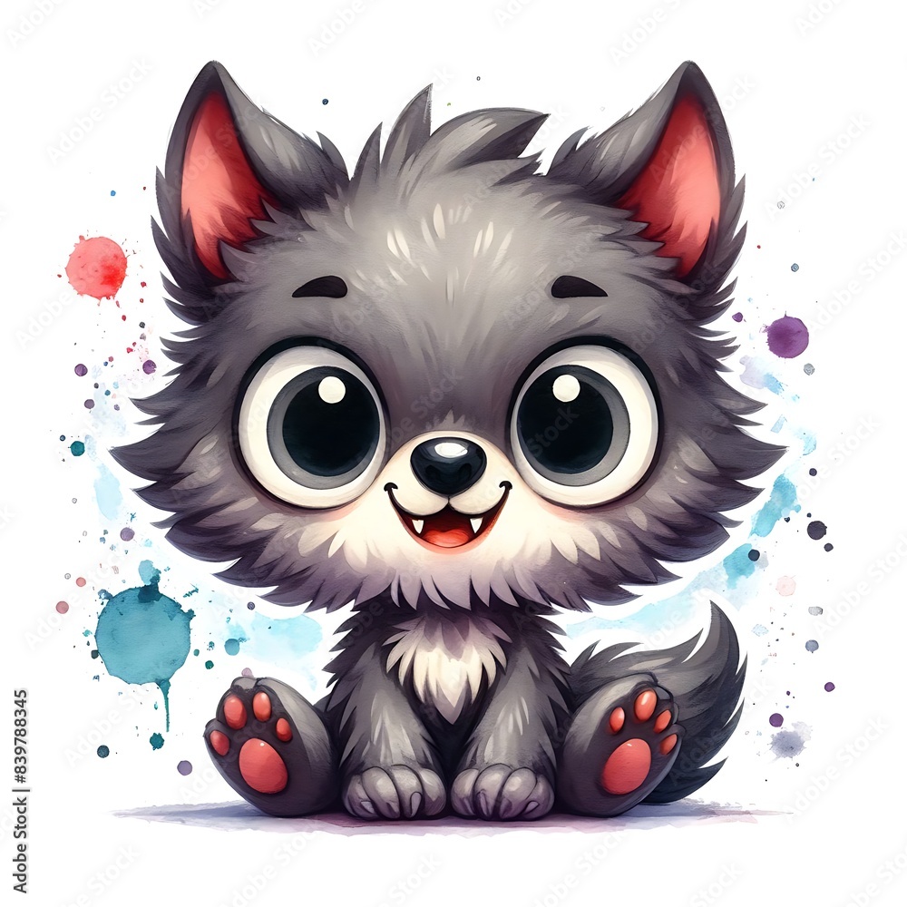 Obraz premium Watercolor cute wolf, cartoon illustration