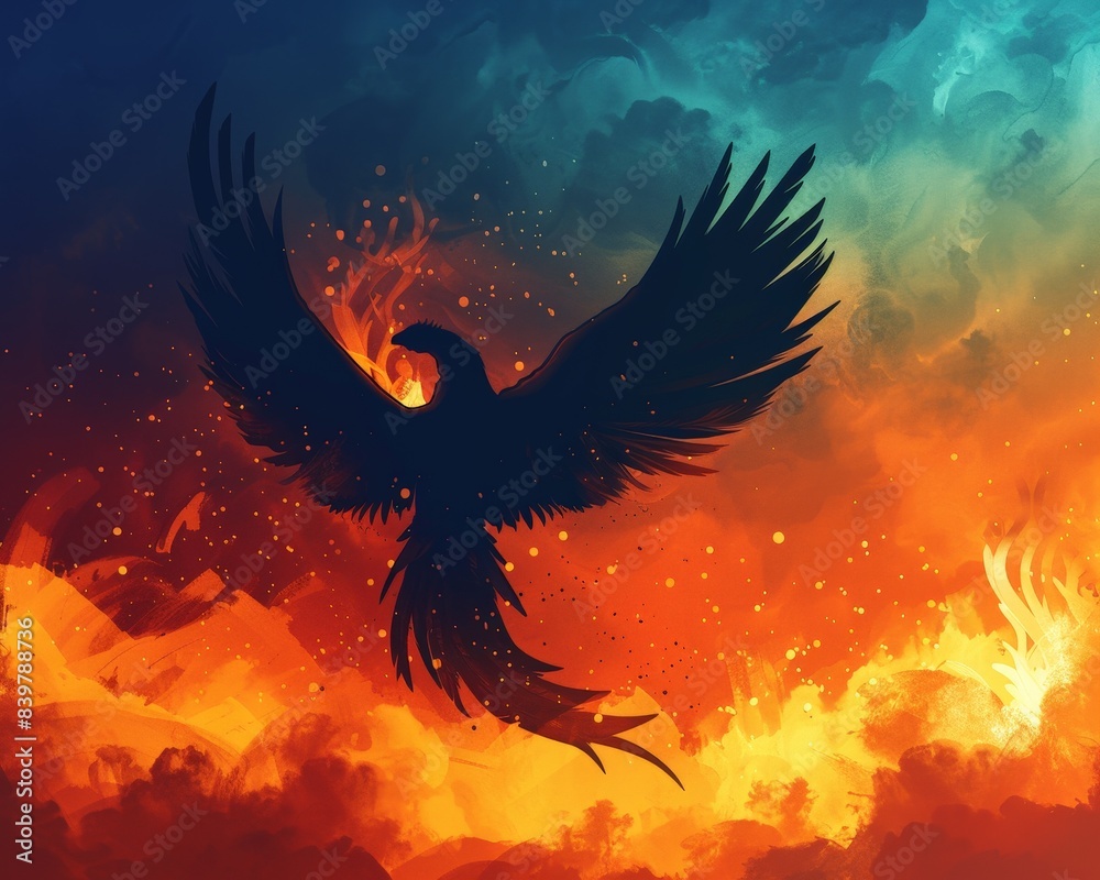 Dramatic silhouette of a phoenix rising from fiery flames with a vibrant sky background, symbolizing rebirth and strength.