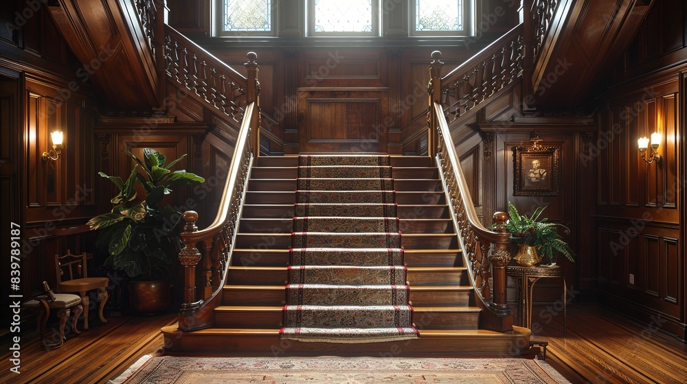 A front view of a staircase with wooden steps and a brass handrail, featuring a classic runner with a floral pattern and flanked by tall, ornate newel posts. shiny, Minimal and Simple,