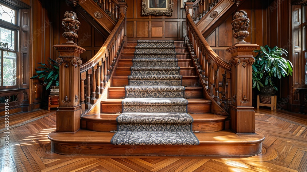 Obraz premium A front view of a staircase with wooden steps and a classic handrail, featuring a patterned carpet runner and flanked by tall, ornate newel posts. shiny, Minimal and Simple,
