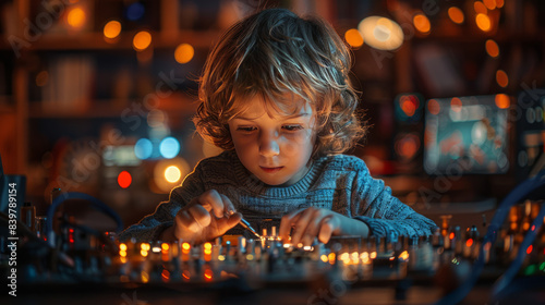 Portrait of a smart schoolboy soldering in the evening at home.generative ai