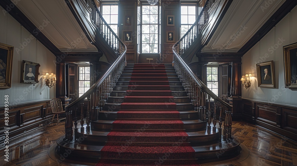 A grand staircase in a historic home, with a wide, sweeping design, dark wooden handrails, and red carpet runner, accented by portraits of ancestors along the walls. shiny, Minimal and Simple, A grand staircase in a historic home, with a wide, sweeping design, dark wooden handrails, and red carpet runner, accented by portraits of ancestors along the walls. shiny, Minimal and Simple,