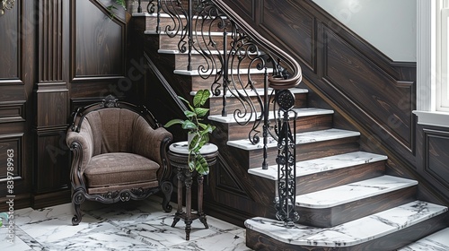 Close-up of a marble staircase with a dark wooden banister and detailed iron balustrade, leading up to a landing area with a vintage armchair and a side table. shiny, Minimal and Simple,
