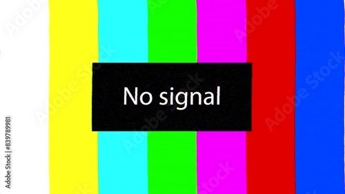 TV color bars with no signal text, glitches, static, flickering and distortion effects