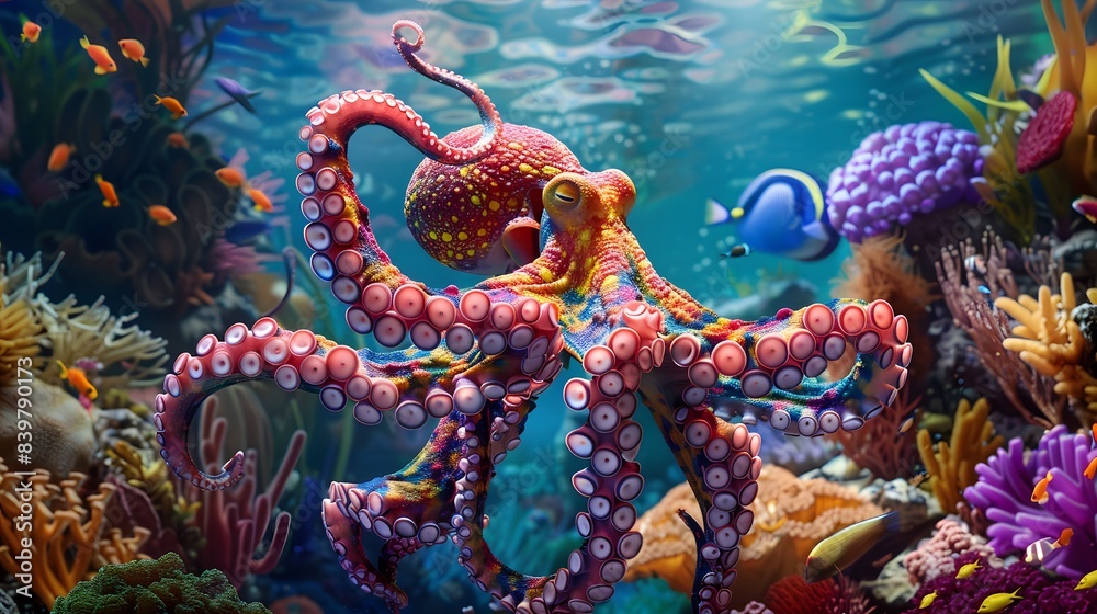 Colorful Octopus Navigating Vibrant Undersea Reef Habitat Colorful Octopus Navigating Vibrant Undersea Reef Habitat