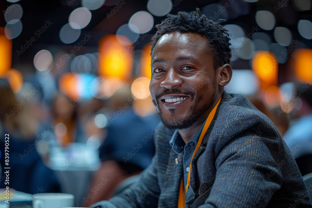 Obraz premium Happy male entrepreneur discussing with delegates while having coffee at convention center generative ai