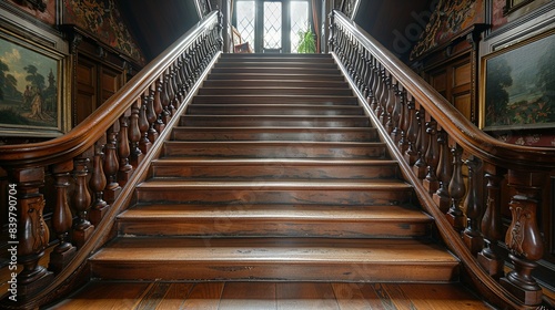 View of a simple yet elegant wooden staircase with carved balusters and a handrail, leading up to a hallway adorned with antique paintings and rich tapestries. shiny, Minimal and Simple,