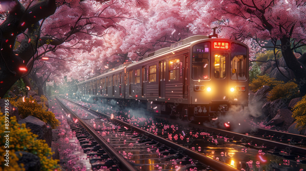 Naklejka premium Cherry blossoms or Sakura and local train generative ai