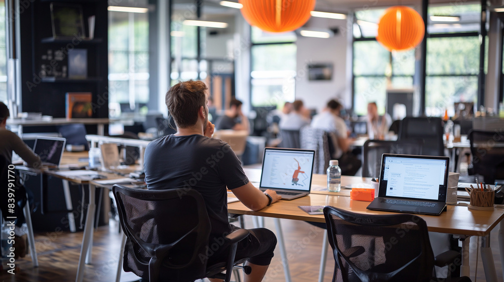 Modern Open Office Space with Employees Working on Laptops Modern Open Office Space with Employees Working on Laptops