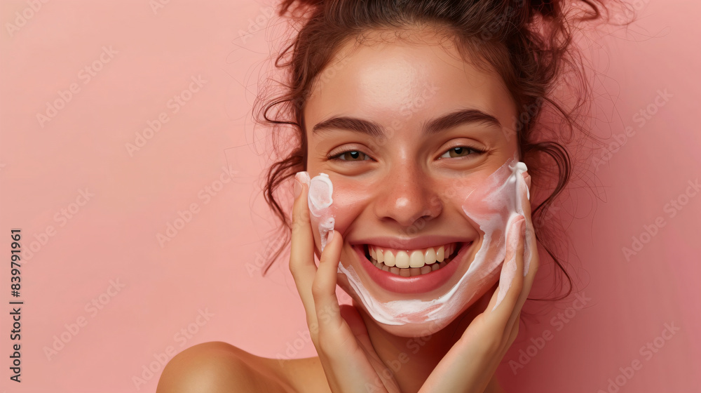 Happy smiling young woman with perfect skin puts a moisturizing cream on her face. Girl using skincare product on facial skin. Natural beauty and cosmetic concept. Banner with copy space Happy smiling young woman with perfect skin puts a moisturizing cream on her face. Girl using skincare product on facial skin. Natural beauty and cosmetic concept. Banner with copy space