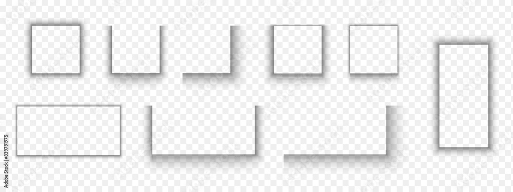 Set of paper page or packing box shadow effects. Soft blurry shapes. Square and rectangle shades isolated on transparent background. Vector realistic illustration.