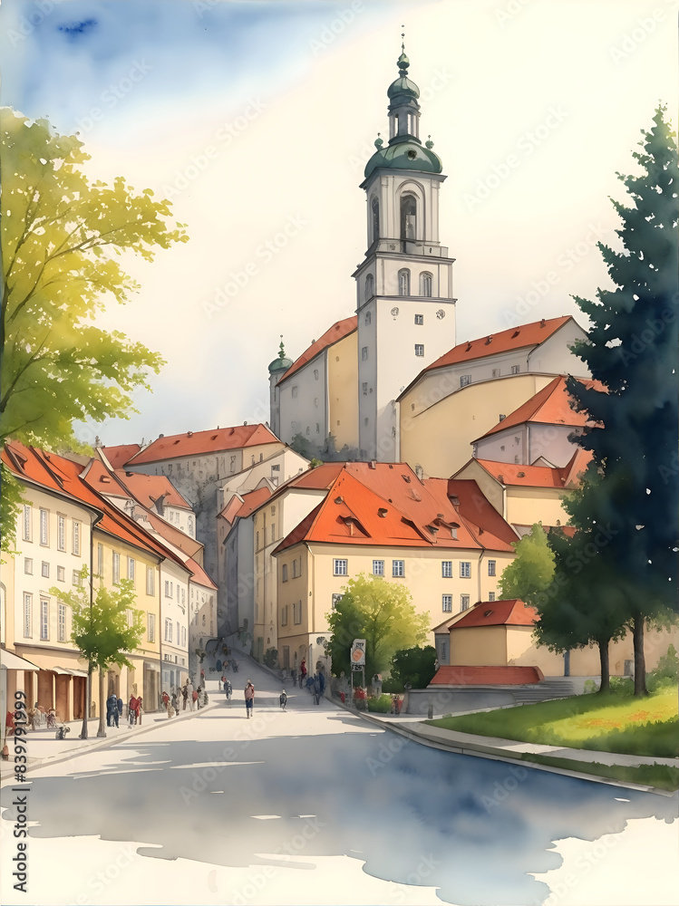 Obraz premium České Budějovice city Czech Country Landscape Watercolor Illustration Art