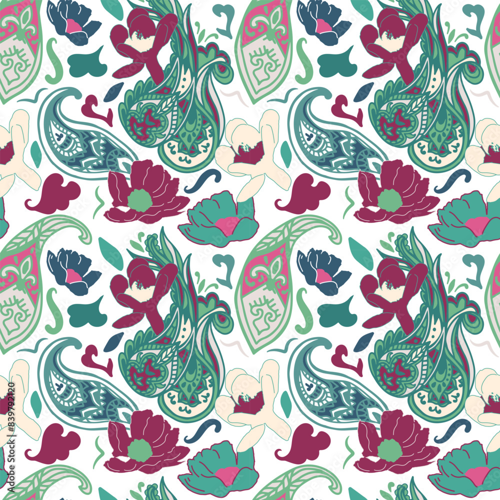 Fototapeta premium Ethnic floral paisley seamless background. Boho hippie retro ornament print will be fine for textile or book covers, manufacturing, wallpapers, print, gift wrap and scrapbooking.