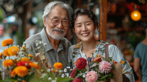 Asian people surprised elderly father with gift at cafe restaurant , Family relationship, celebrating father's day and older people health care concept,generative ai