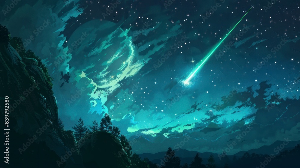 Obraz premium green meteor passing through the night skies