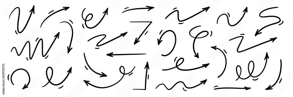 Arrow vector hand drawn sketch icon set. Doodle sketch hand drawn direction element set. Pencil doodle flat line design cartoon elements. Scribble swirl arrow sign. Vector illustration. Arrow vector hand drawn sketch icon set. Doodle sketch hand drawn direction element set. Pencil doodle flat line design cartoon elements. Scribble swirl arrow sign. Vector illustration.